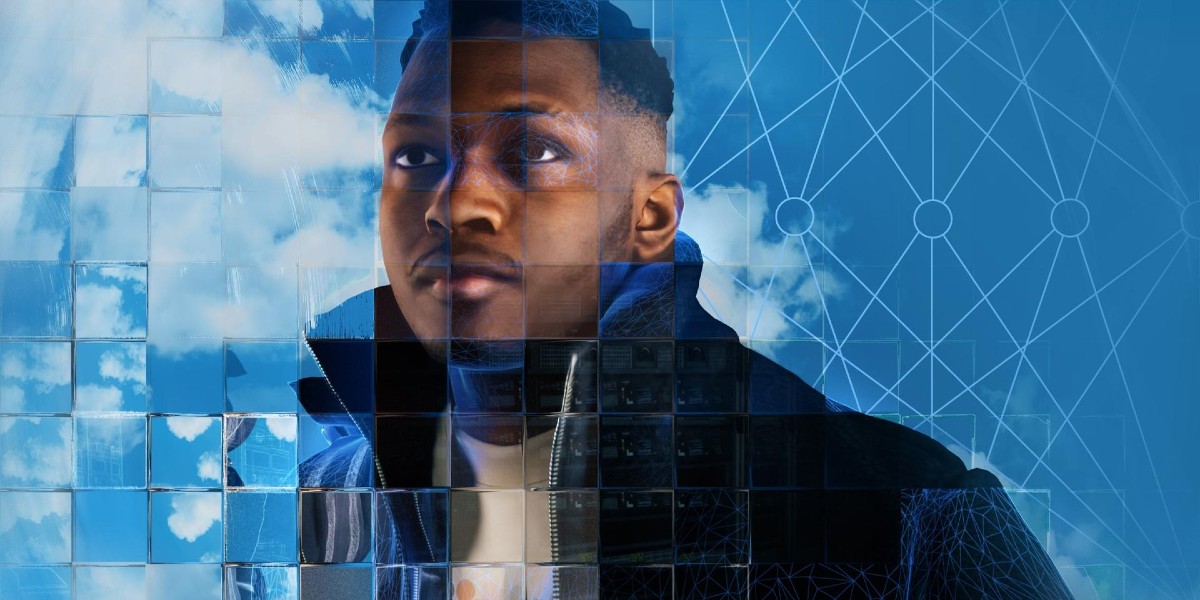 A photographic rendering of a young black man standing in front of a cloudy blue sky, seen through a refractive glass grid and overlaid with a diagram of a neural network.