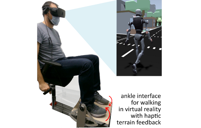 A man sitting wearing a VR mask moving a robot